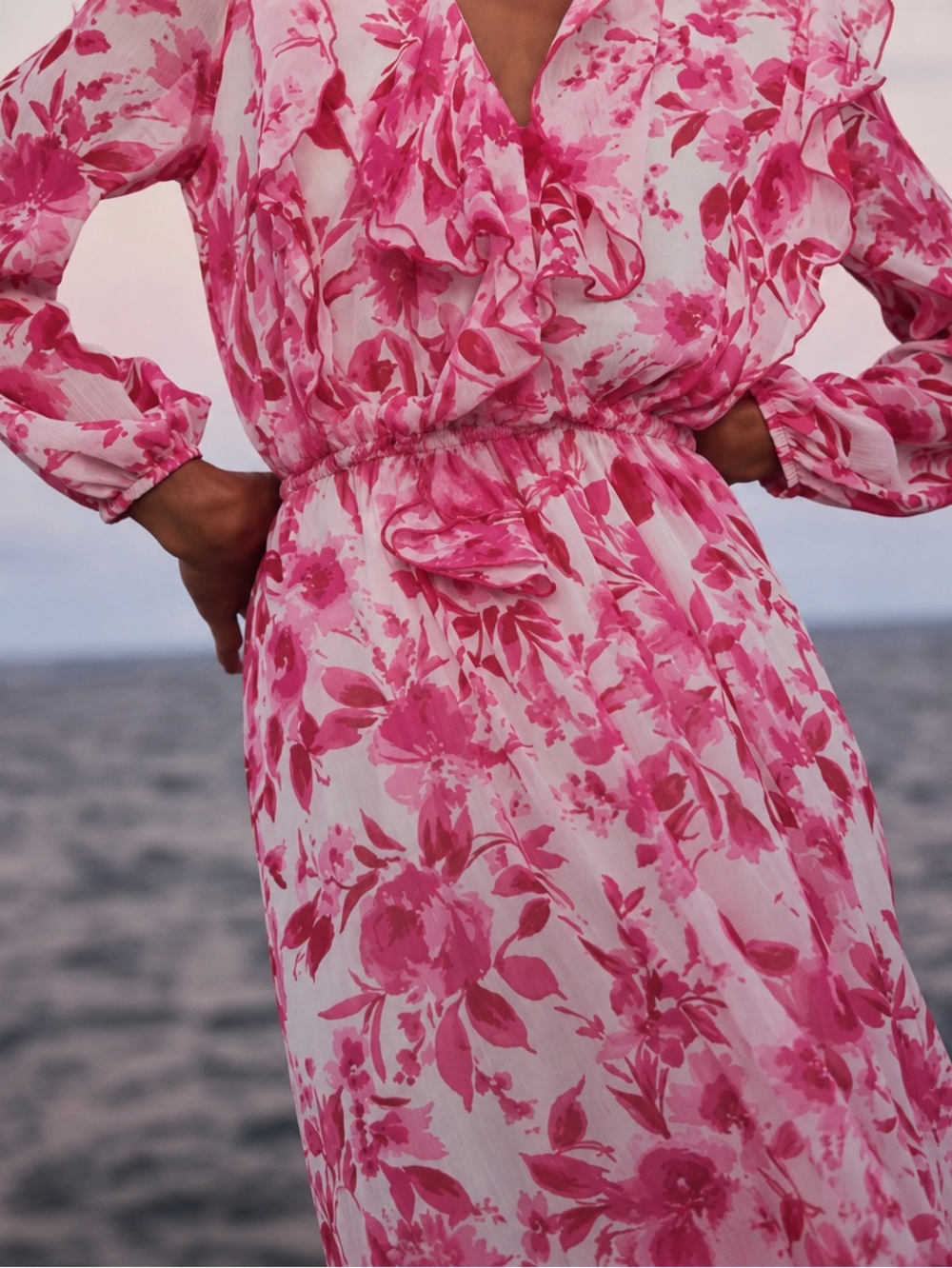 Zara Vibrant Pink Floral Long Sleeve Dress